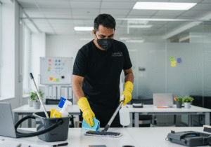 Deep cleaning service professional sanitizing tile grout with steam cleaner