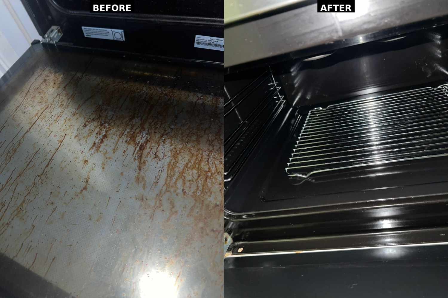 Before and after oven floor cleaning